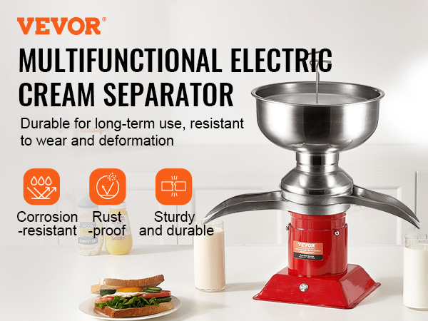 VEVOR milk cream separator on kitchen counter with two glasses of milk and a sandwich.