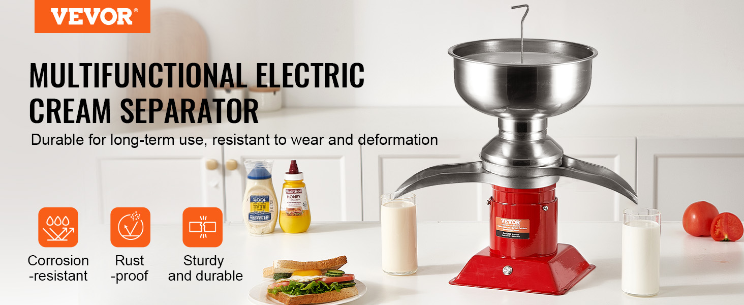 VEVOR milk cream separator on kitchen counter with two glasses of milk and a sandwich.