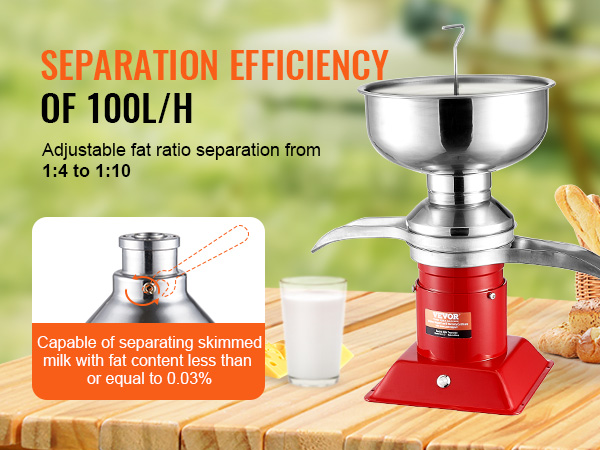 VEVOR milk cream separator with 100l/h efficiency, adjustable fat separation from 1:4 to 1:10.
