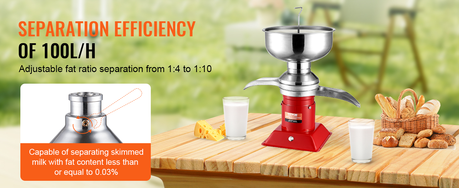 VEVOR milk cream separator with 100l/h efficiency, adjustable fat separation from 1:4 to 1:10.