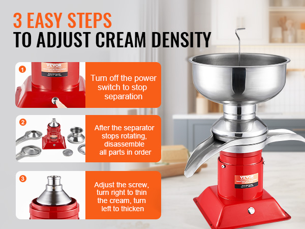 VEVOR milk cream separator with steps to adjust cream density. red base, silver bowl, kitchen background.
