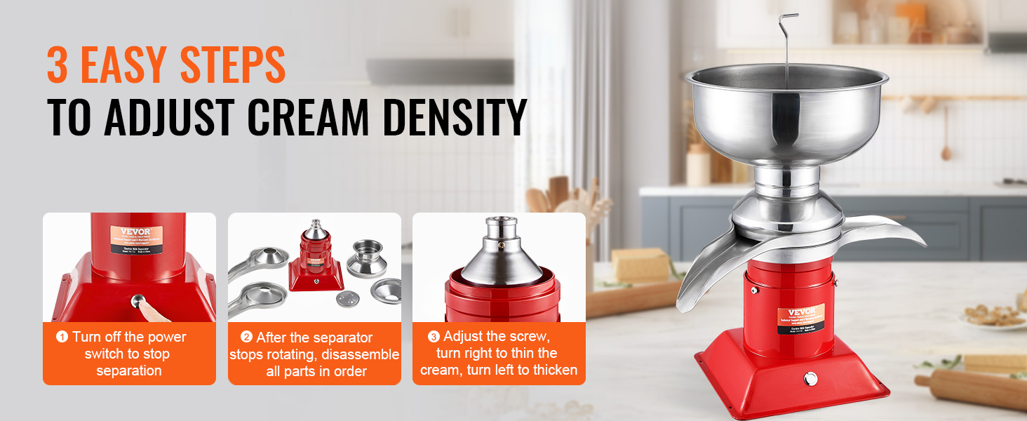 VEVOR milk cream separator with steps to adjust cream density. red base, silver bowl, kitchen background.