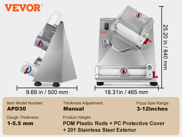 VEVOR pizza dough roller apd30, manual thickness adjustment, 3-12 inch pizza size, stainless steel.