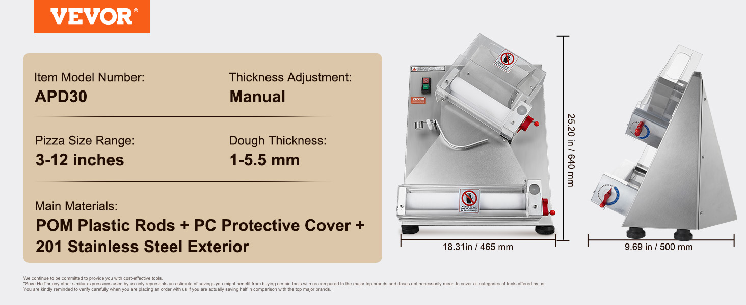 VEVOR pizza dough roller apd30, manual thickness adjustment, 3-12 inch pizza size, stainless steel.