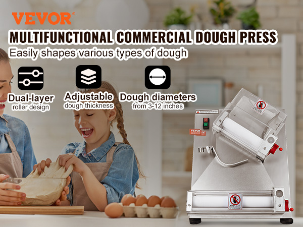 VEVOR pizza dough roller with dual-layer design, adjustable thickness, and dough diameters from 3-12 inches.