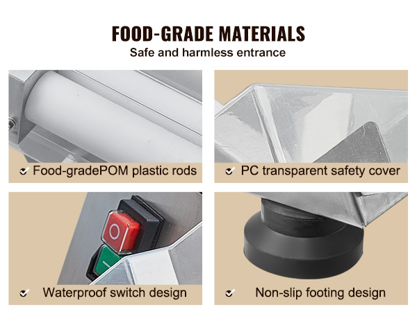 food-grade VEVOR pizza dough roller with pc transparent safety cover, waterproof switch, non-slip footing.