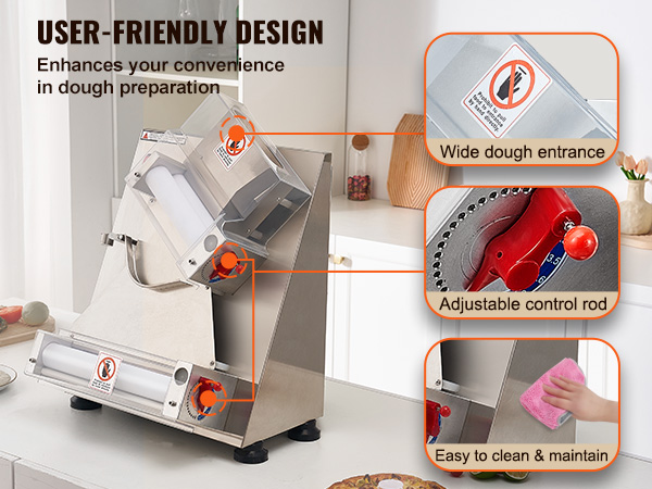 VEVOR pizza dough roller with user-friendly design features wide dough entrance and adjustable control rod.