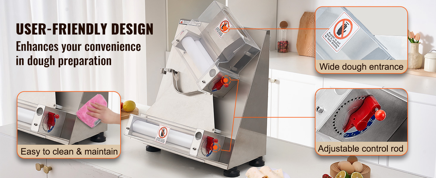 VEVOR pizza dough roller with user-friendly design features wide dough entrance and adjustable control rod.