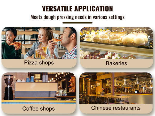 pizza shops, bakeries, coffee shops, and chinese restaurants using VEVOR pizza dough roller, versatile application.