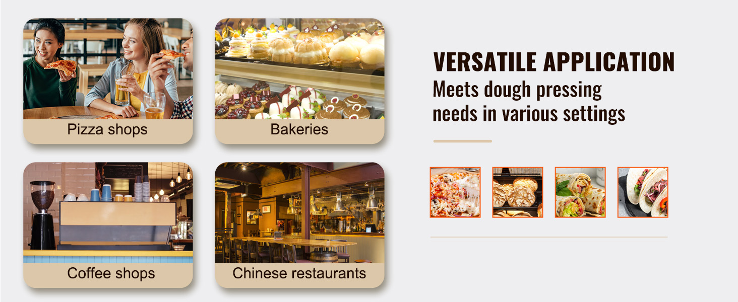 pizza shops, bakeries, coffee shops, and chinese restaurants using VEVOR pizza dough roller, versatile application.