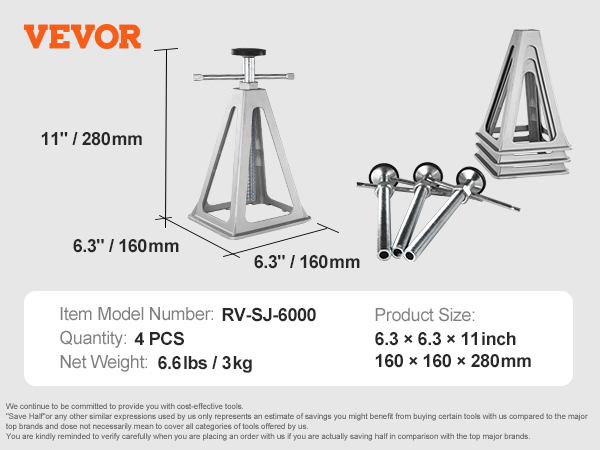 VEVOR rv stabilizer jacks rv-sj-6000, set of 4, 6000lbs capacity, dimensions 6.3x6.3x11 inches.