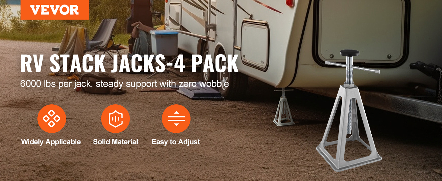 VEVOR rv stabilizer jacks, 4-pack, 6000 lbs per jack, providing steady support and easy adjustment.