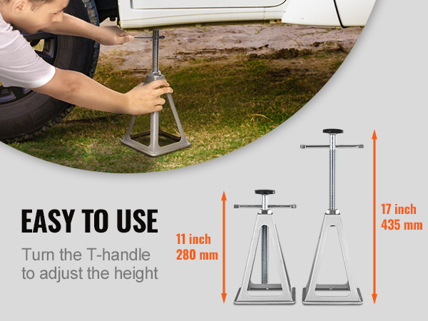 using VEVOR rv stabilizer jacks to support a vehicle, demonstrating easy height adjustment with a t-handle.