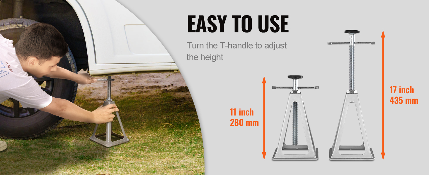 using VEVOR rv stabilizer jacks to support a vehicle, demonstrating easy height adjustment with a t-handle.