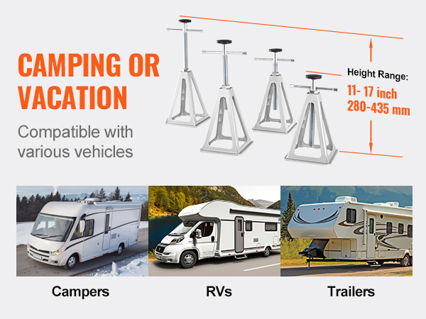 camping vacation VEVOR rv stabilizer jacks for campers, rvs, trailers with 11-17 inch height range.