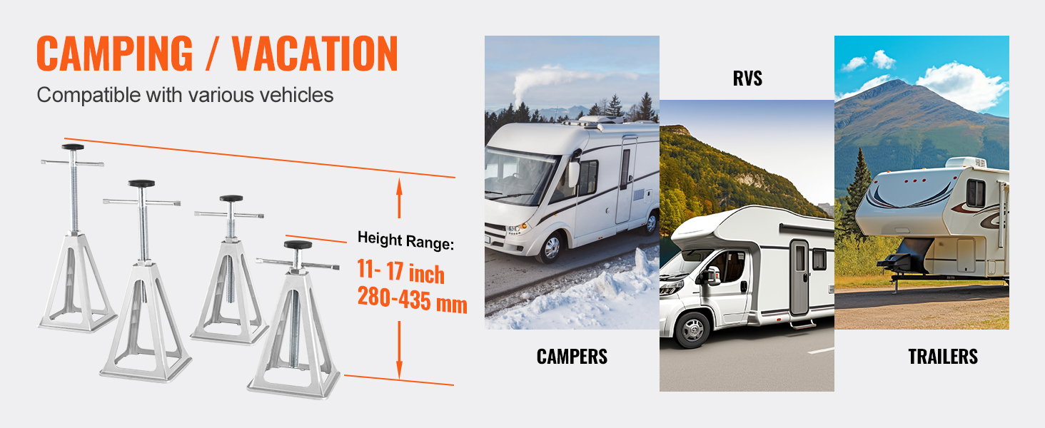 camping vacation VEVOR rv stabilizer jacks for campers, rvs, trailers with 11-17 inch height range.