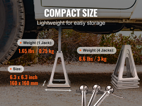 VEVOR rv stabilizer jacks under vehicle showcasing size, weight, and compact design for easy storage.