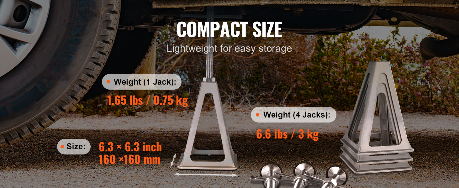 VEVOR rv stabilizer jacks under vehicle showcasing size, weight, and compact design for easy storage.