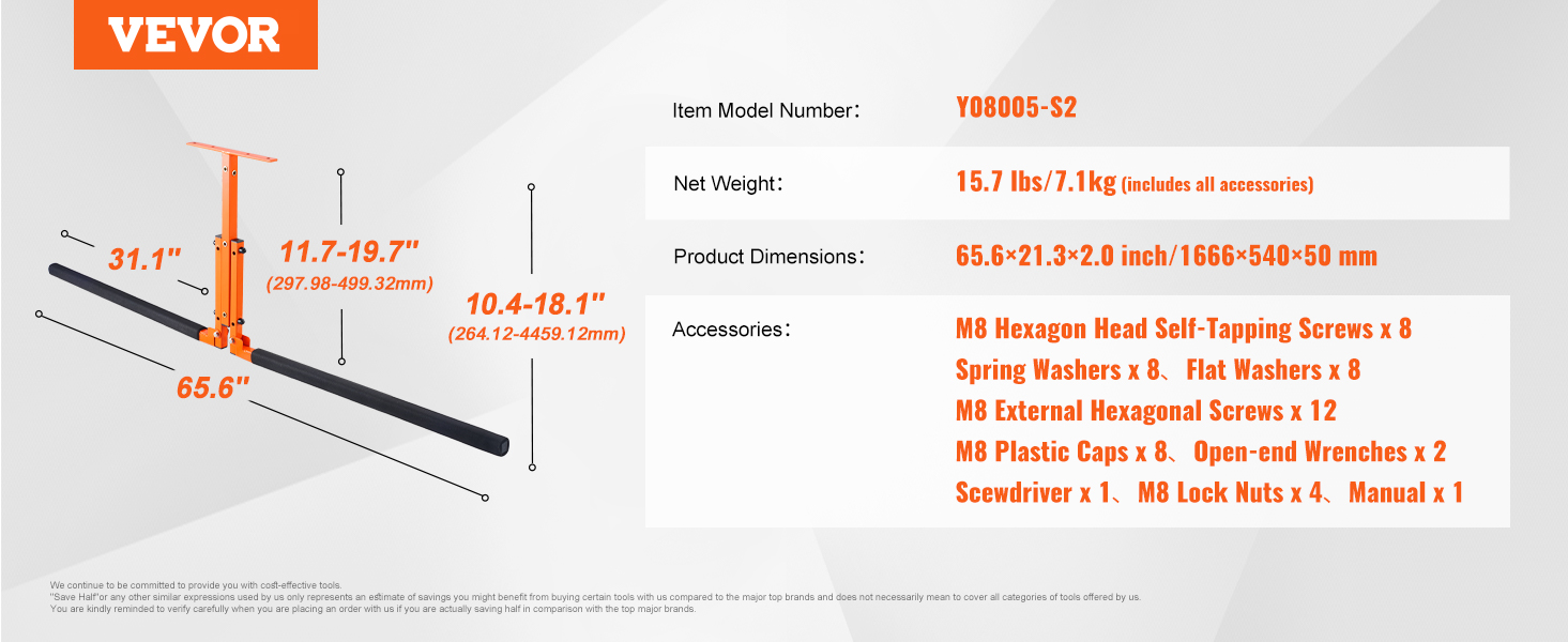 VEVOR kayak ceiling storage rack dimensions and accessories list on a detailed diagram.
