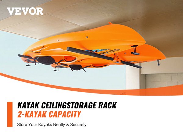 VEVOR kayak ceiling storage rack holding two orange kayaks securely in a garage.