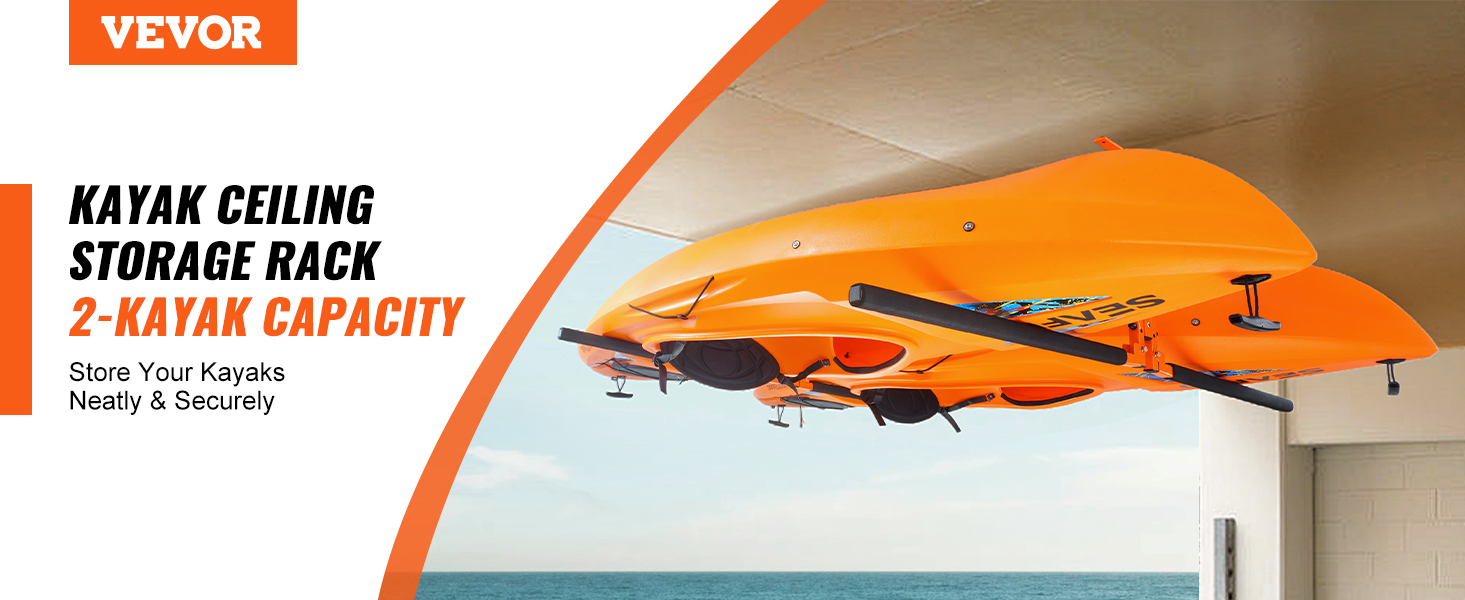 VEVOR kayak ceiling storage rack holding two orange kayaks securely in a garage.