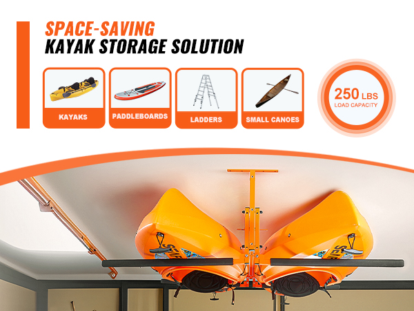 VEVOR kayak ceiling storage rack holding orange kayaks, with 250 lbs load capacity, for space-saving storability.