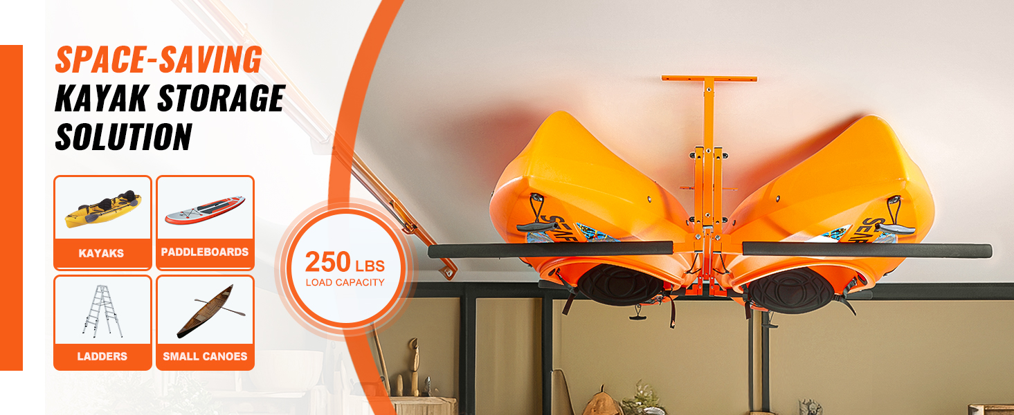 VEVOR kayak ceiling storage rack holding orange kayaks, with 250 lbs load capacity, for space-saving storability.