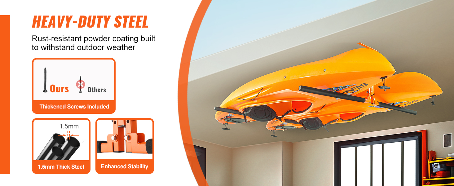 heavy-duty steel VEVOR kayak ceiling storage rack with thickened screws and enhanced stability features.