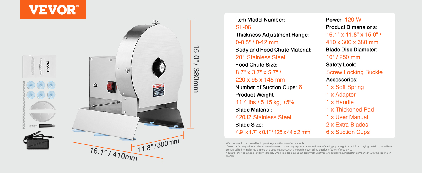 VEVOR electric vegetable slicer with 10" stainless steel blade, accessories, and specifications.