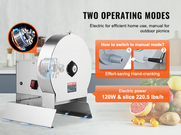 VEVOR electric vegetable slicer with dual modes, 120w, slicing 220.5 lbs/h, switch to manual cranking.