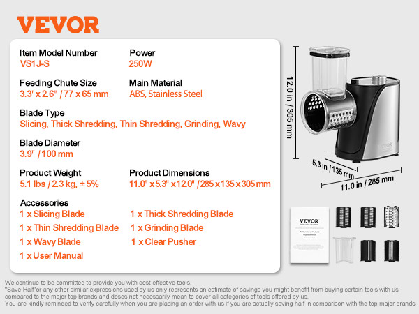 VEVOR electric cheese grater with 250w power, abs and stainless steel, includes various blades and accessories.