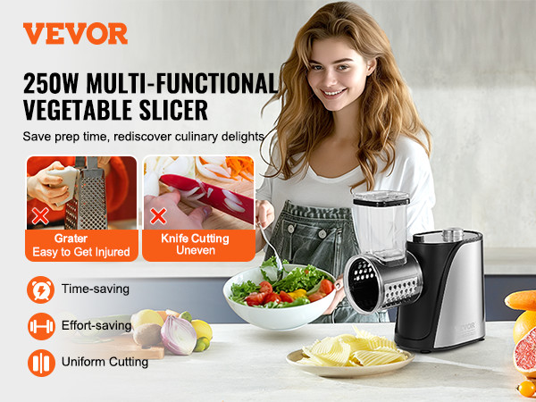 VEVOR electric cheese grater and vegetable slicer saves time and effort, offering uniform cuts in your kitchen.