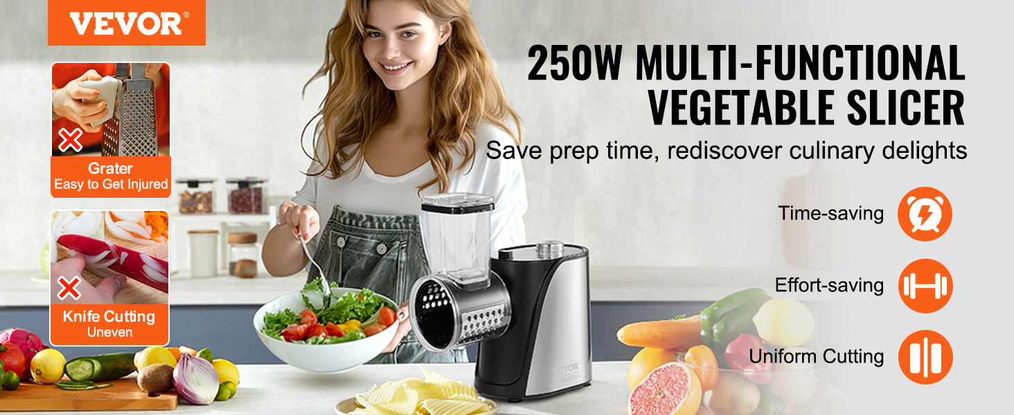 VEVOR electric cheese grater and vegetable slicer saves time and effort, offering uniform cuts in your kitchen.