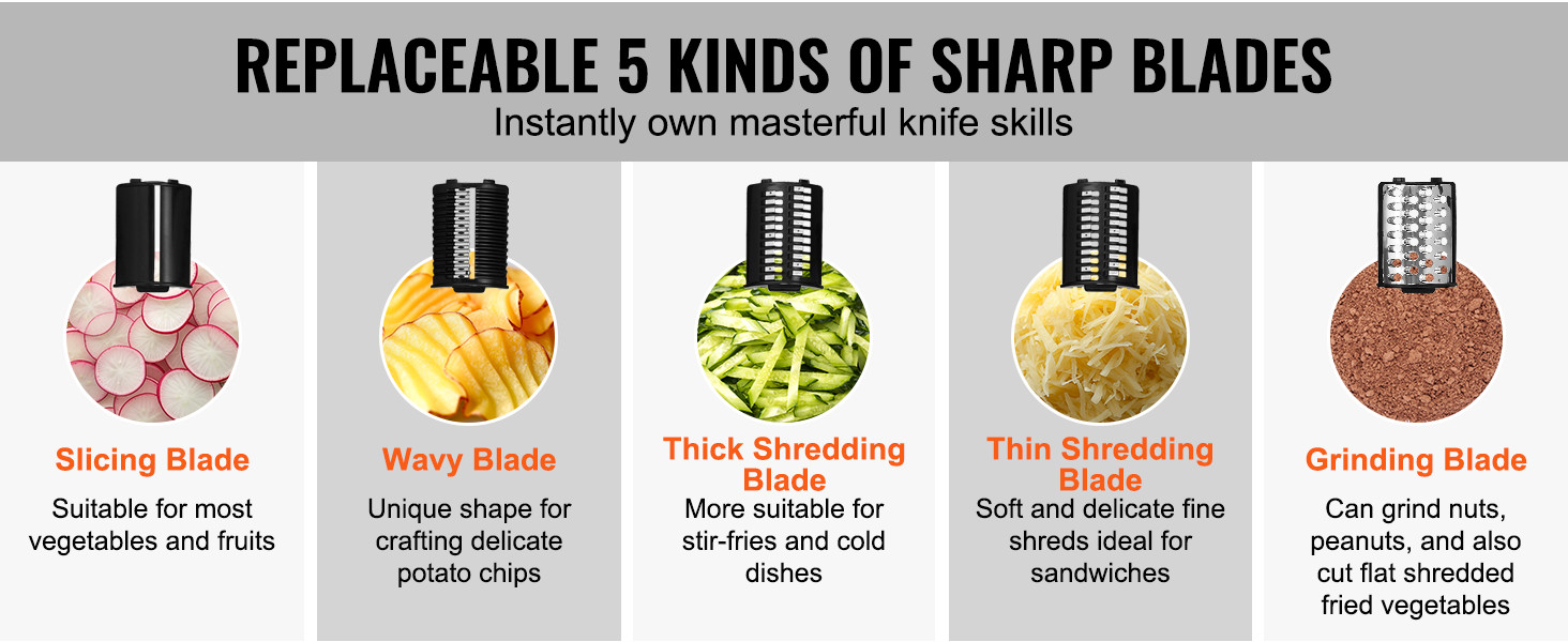 replaceable blades for VEVOR electric cheese grater: slicing, wavy, thick shredding, thin shredding, grinding.