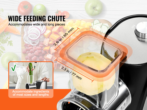 wide feeding chute on VEVOR electric cheese grater accommodates large vegetable pieces for efficient grating.