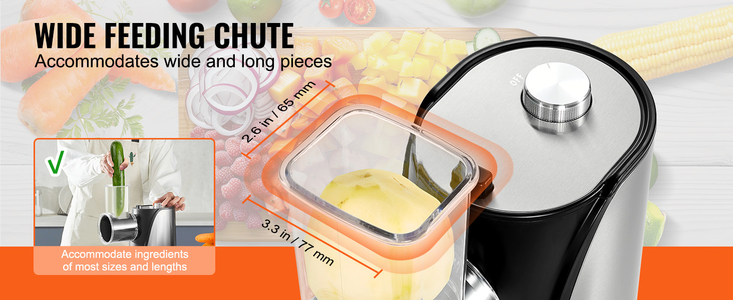 wide feeding chute on VEVOR electric cheese grater accommodates large vegetable pieces for efficient grating.