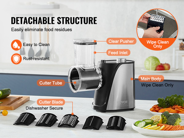 VEVOR electric cheese grater with detachable parts for easy cleaning and rust-resistant main body.