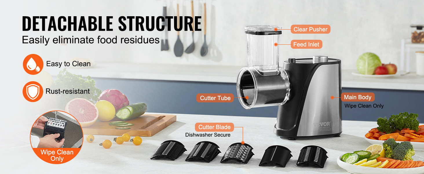VEVOR electric cheese grater with detachable parts for easy cleaning and rust-resistant main body.