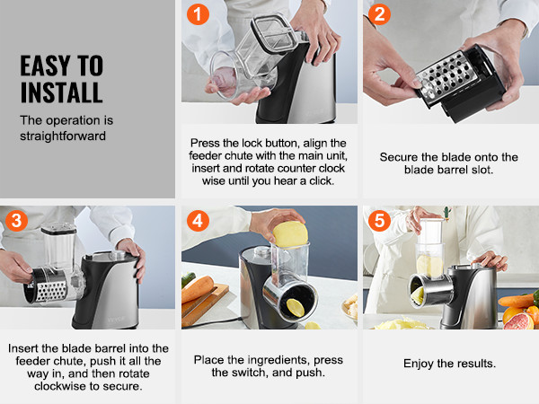 easy installation steps of the VEVOR electric cheese grater, from assembly to operation.