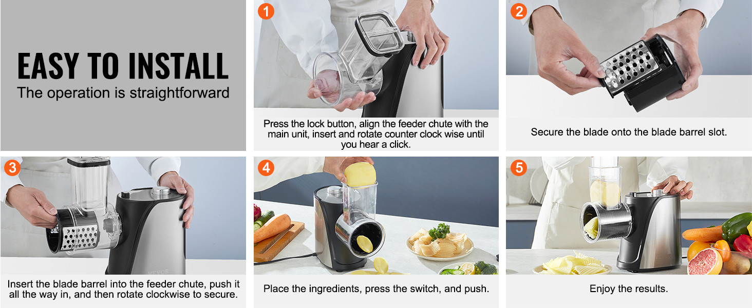 easy installation steps of the VEVOR electric cheese grater, from assembly to operation.