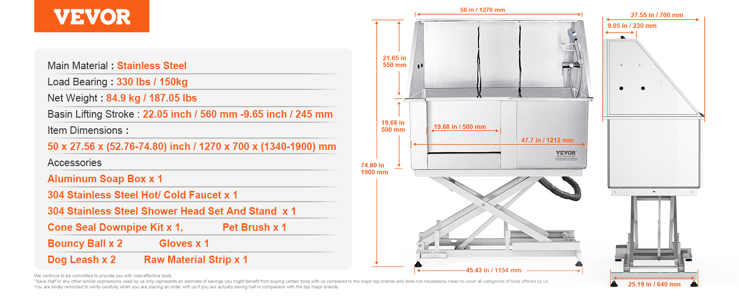stainless steel VEVOR dog grooming tub with lift, dimensions, and accessories detailed.