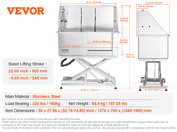 VEVOR dog grooming tub with stainless steel, dimensions and accessories listed, lift and faucet shown.