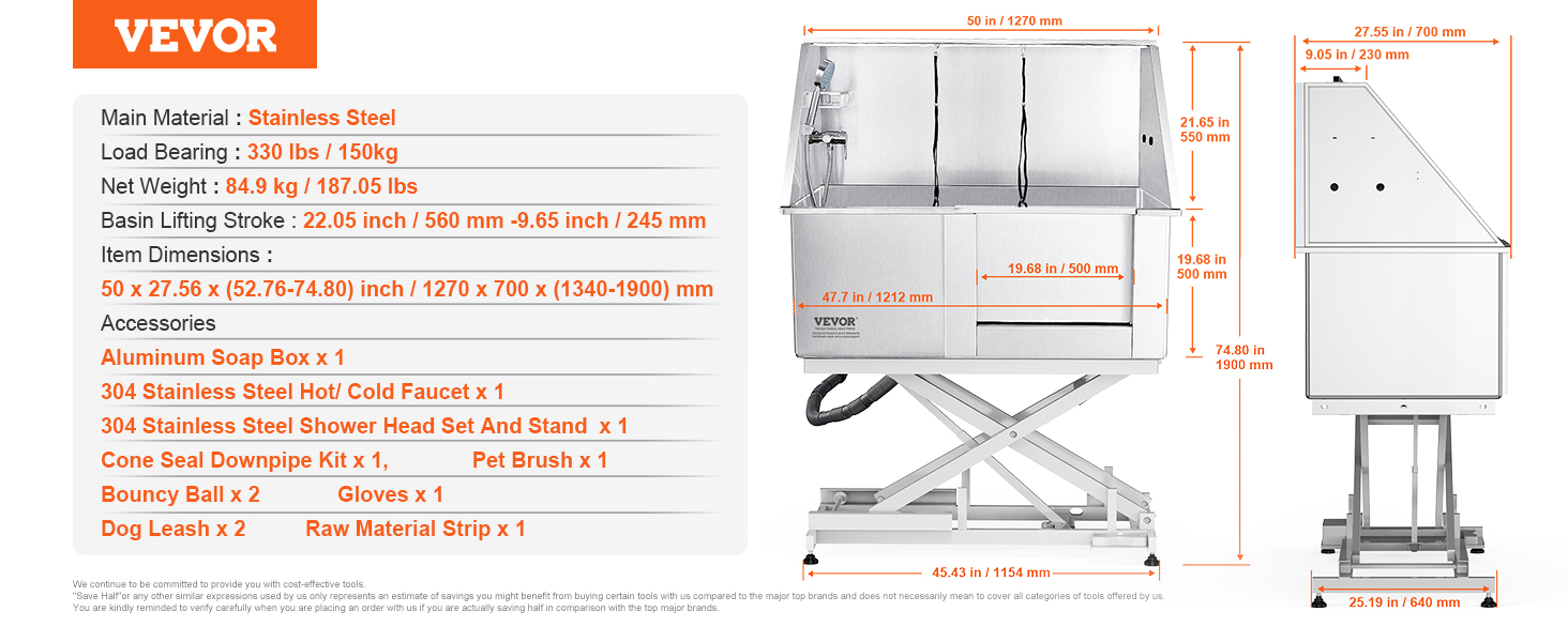 VEVOR dog grooming tub with stainless steel, dimensions and accessories listed, lift and faucet shown.