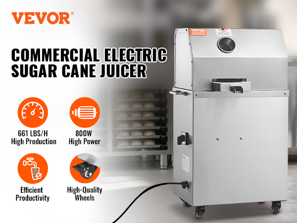 VEVOR cukurniedru sulu spiede ar 661 lbs/h ražību, 800 W jaudu, efektīvu produktivitāti un augstas kvalitātes riteņiem.