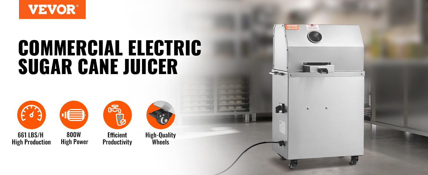 VEVOR cukurniedru sulu spiede ar 661 lbs/h ražību, 800 W jaudu, efektīvu produktivitāti un augstas kvalitātes riteņiem.