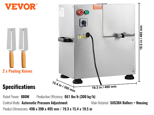 VEVOR sugar cane juicer with sus304 housing, 800w, 661 lbs/h, and dimensions 19.3 x 15.4 x 19.5 in.