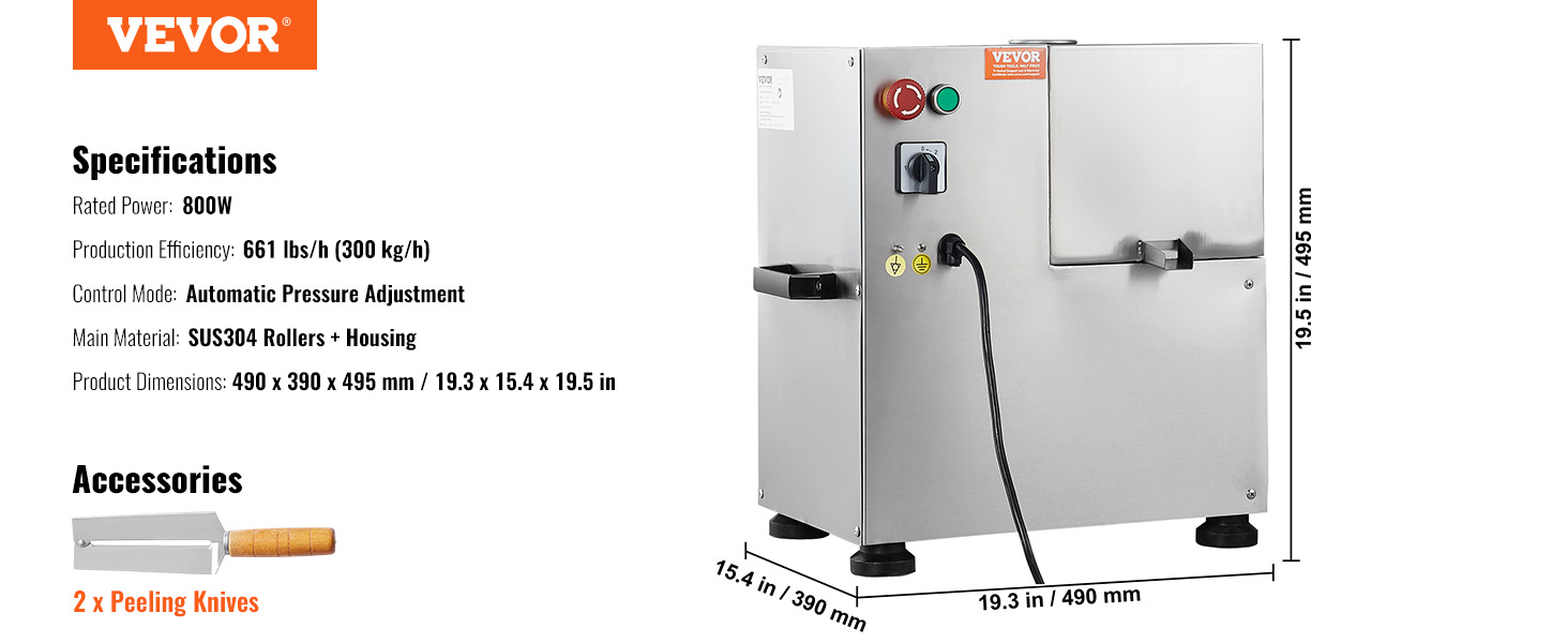 VEVOR sugar cane juicer with sus304 housing, 800w, 661 lbs/h, and dimensions 19.3 x 15.4 x 19.5 in.