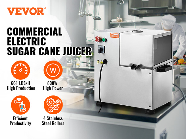VEVOR sugar cane juicer in a commercial kitchen with specifications including 800w power and 4 stainless steel rollers.