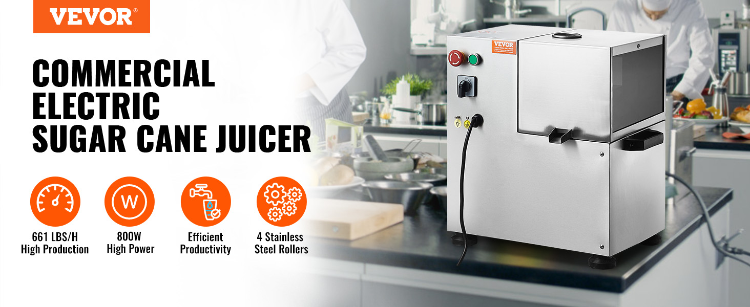 VEVOR sugar cane juicer in a commercial kitchen with specifications including 800w power and 4 stainless steel rollers.