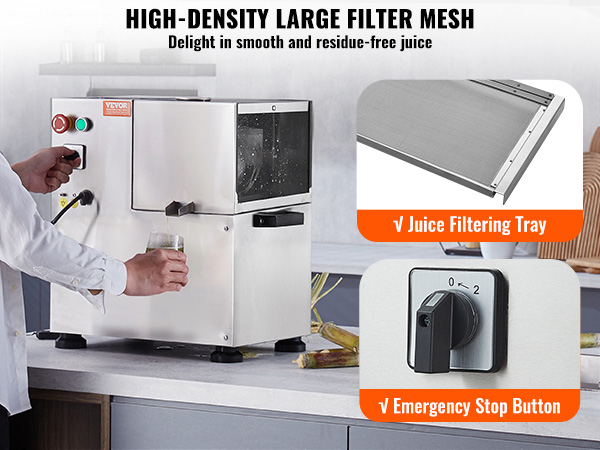 man using VEVOR sugar cane juicer with high-density large filter mesh, juice filtering tray, and emergency stop button.